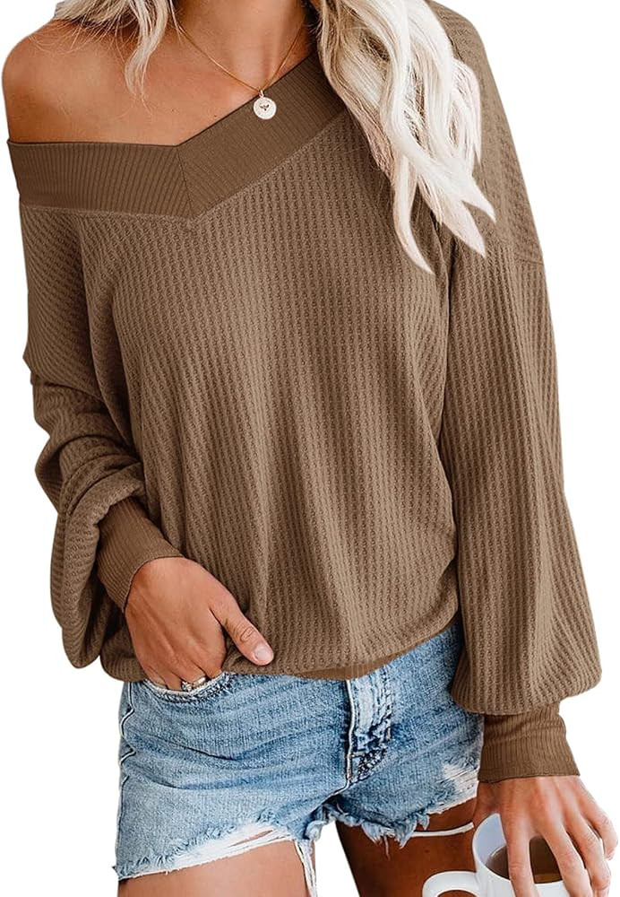 Adreamly Women's V Neck Long Sleeve Waffle Knit Top Off Shoulder Oversized Pullover Sweater | Amazon (US)