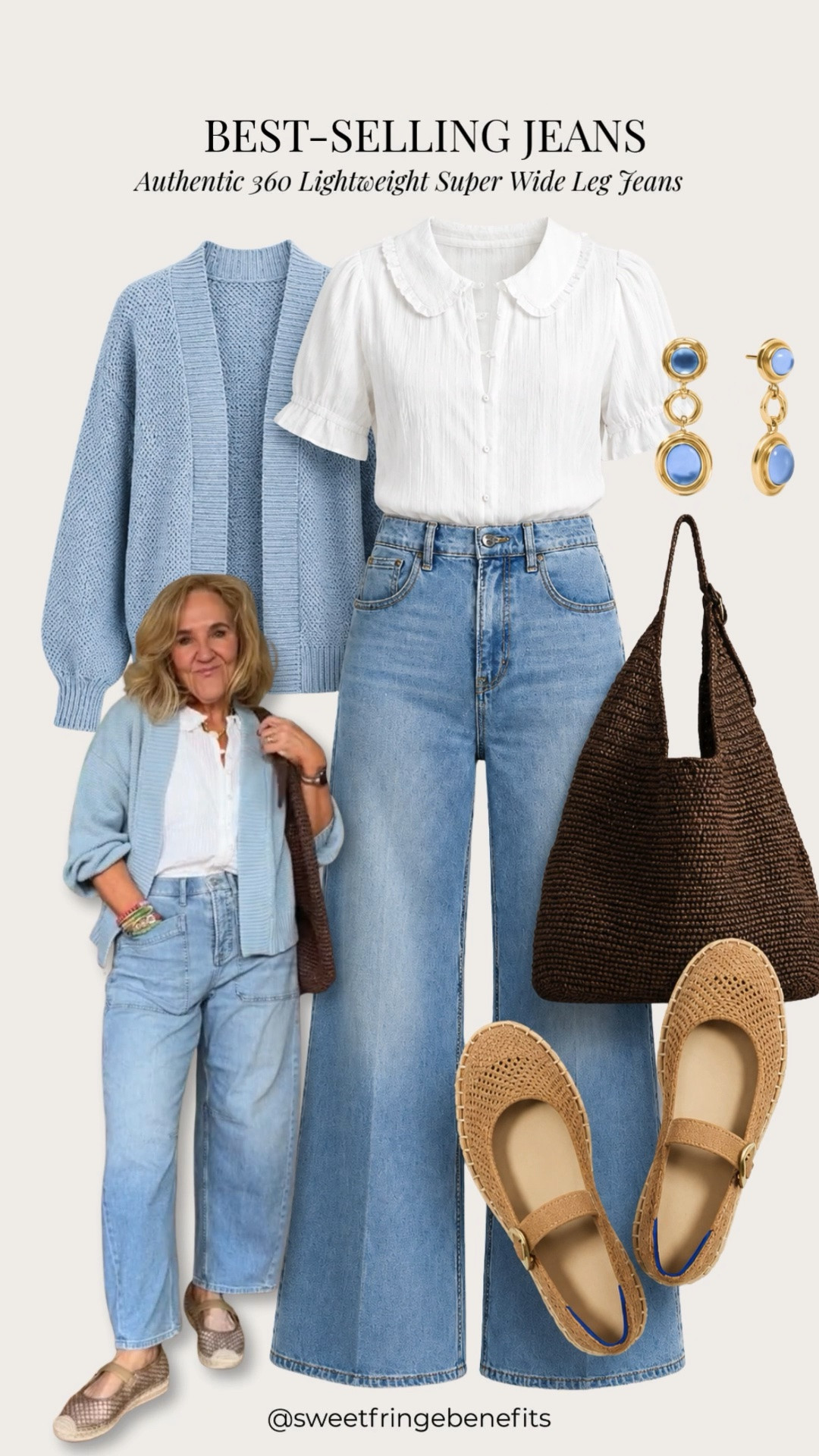 These Authentic 360 Lightweight Super Wide Leg Jeans have been one of my best-selling pairs, and it's easy to see why! They're lightweight, incredibly comfortable, and have the perfect wide-leg silhouette that makes every outfit feel effortlessly polished. I paired them with a feminine white blouse, a soft blue cardigan, and woven accessories for an easy look you'll wear from spring through fall.

💡 LTK MADE EASY
❤️ Heart = Support my posts!
🔖 Save = Get sale & restock alerts
📋 Lists = Keep favorites organized
📲 Share = Send lists and products to a friend. Hello, Christmas List!
💬 Comment = Ask me anything about what I'm wearing. :-)

#LTKootd #LTKOver40 #LTKSeasonal