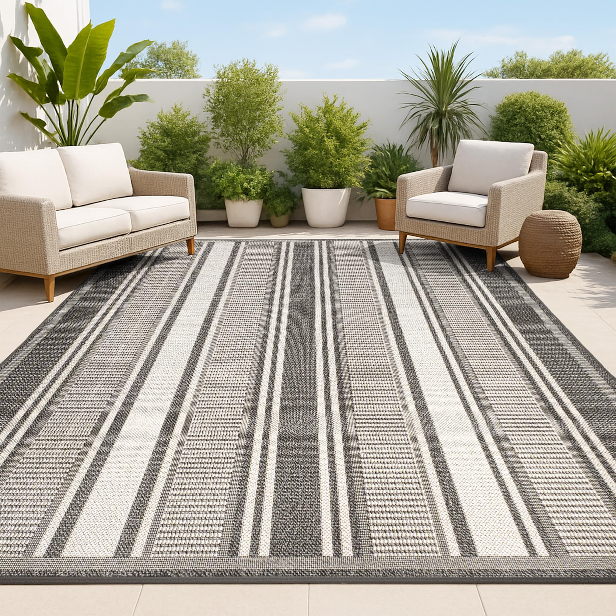 JONATHAN Y Double Stripe Indoor Outdoor Area Rug 3X5 Black/Cream, Haynes Modern for Backyard, Pat... | Amazon (US)