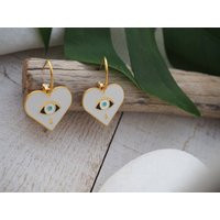 White Heart With Evil Eye Gold Round Earrings, Gold White Hoop Valentine's Jewellery, Lover's Jewelry | Etsy (US)