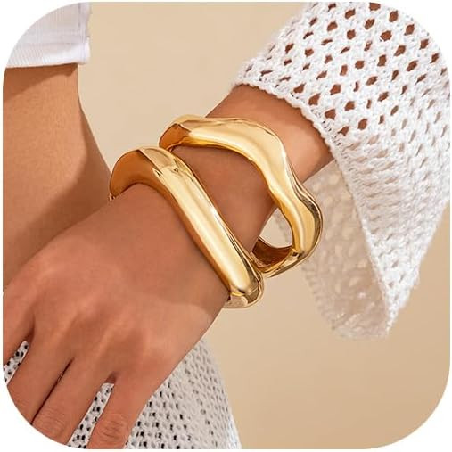Salircon Gold Bangle Bracelets for Women Gold Wide Chunky Cuff Bracelets Trendy Hinged Cuff Open ... | Amazon (US)