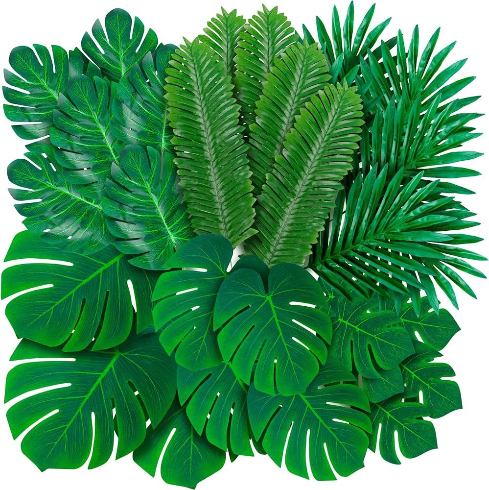 108 Pack Palm Leaves Artificial Tropical Monstera - 6 Kinds Large Small Green Fake Palm Leaf with... | Amazon (US)