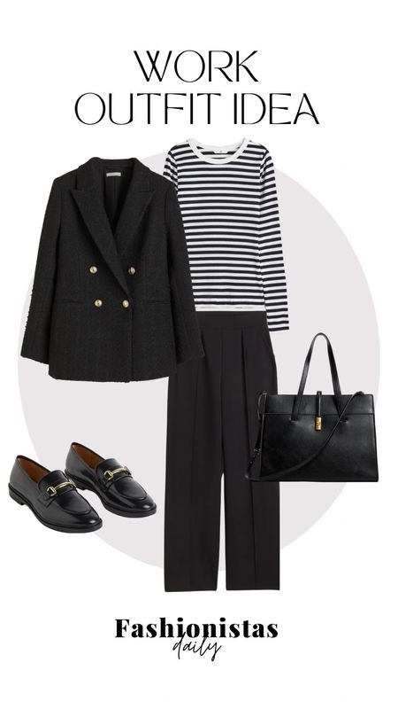 Office days outfit inspiration. Black blazer, striped shirt, black pants, tote bag and chunky loafers 

#LTKstyletip #LTKeurope #LTKSeasonal
