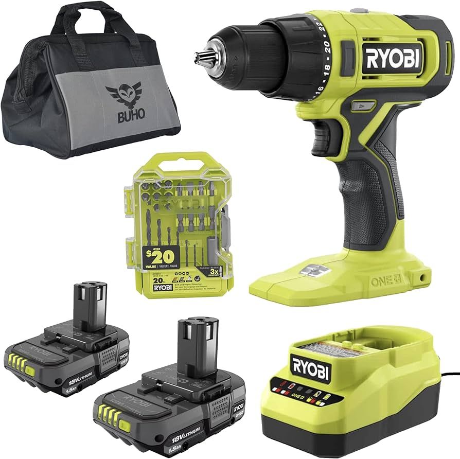 Ryobi Cordless 1/2 inch Drill Driver with (2) 18-Volt Batteries, Charger, 20 Piece Multipurpose D... | Amazon (US)