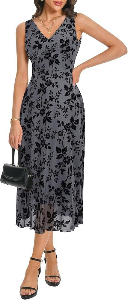 Women's Sexy V Neck Sleeveless Mesh Maxi Dresses Summer Casual Elegant Long Floral Dress Wedding ... | Amazon (US)