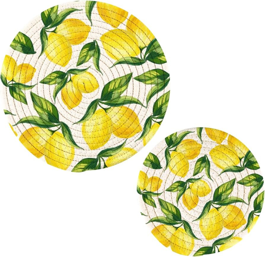ALAZA Yellow Lemon and Leaves on White PotHolders Trivets Set Cotton Hot Pot Holders Set Farmhous... | Amazon (US)