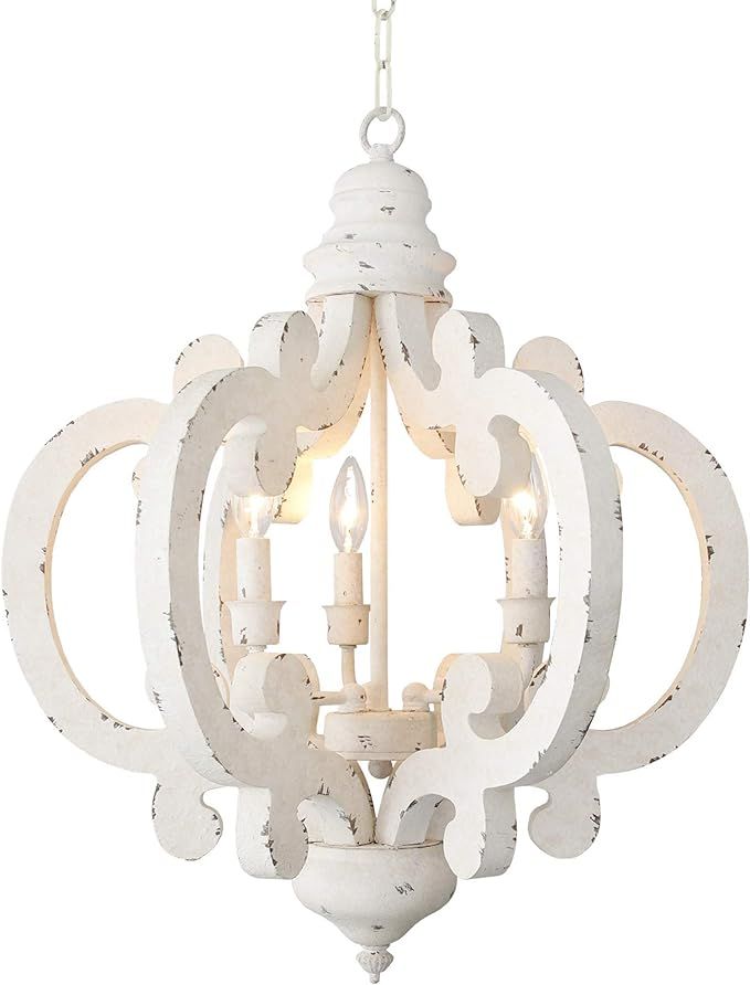 21 Inch 3 Light Lynn Geometric Distressed Antique White Wood Chandelier Wood Metal Chandelier Jul... | Amazon (US)