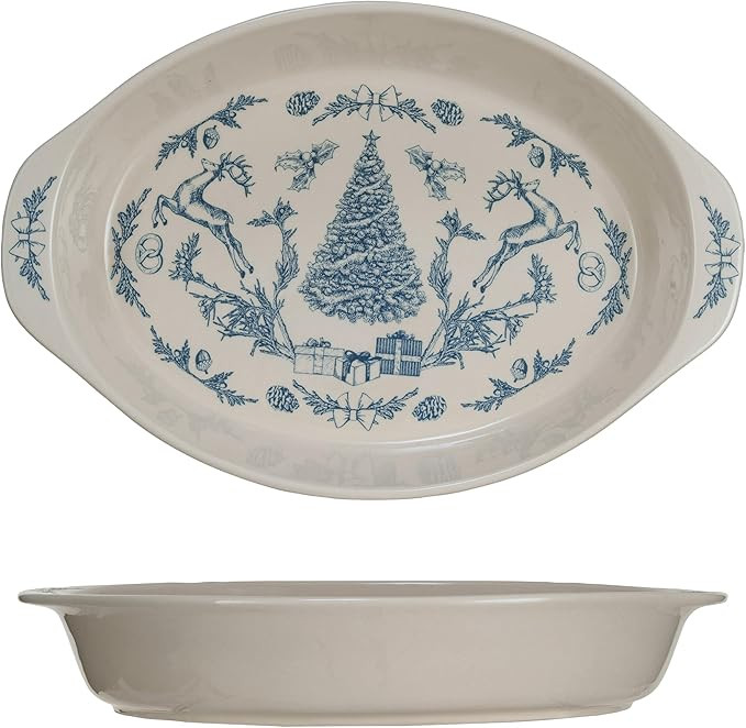 Creative Co-Op Stoneware Handled Baker with Holiday Pattern, Blue and Cream | Amazon (US)
