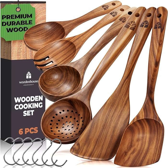 Wooden Spoons for Cooking – 6 Pcs Premium Teak Wooden Utensil Set with Hooks - Durable, Nonstic... | Amazon (US)