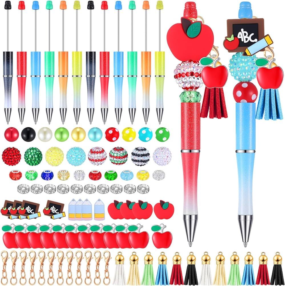Jutom 12 Pcs Plastic Beadable Pens with 50 Pcs Colorful Beads 12 Tassels 12 Pendants Assorted Col... | Amazon (US)