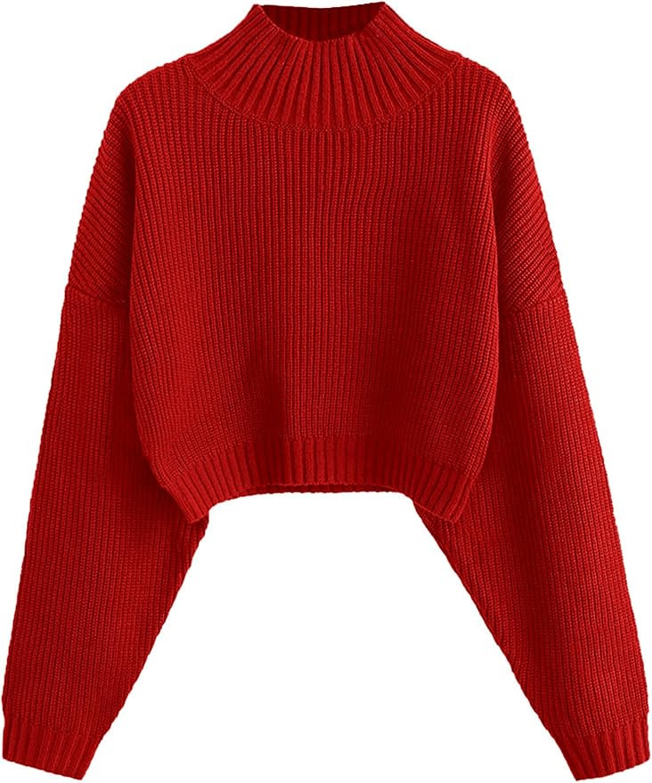ZAFUL Women's Cropped Turtleneck Sweater Lantern Sleeve Ribbed Knit Pullover Sweater Jumper | Amazon (US)