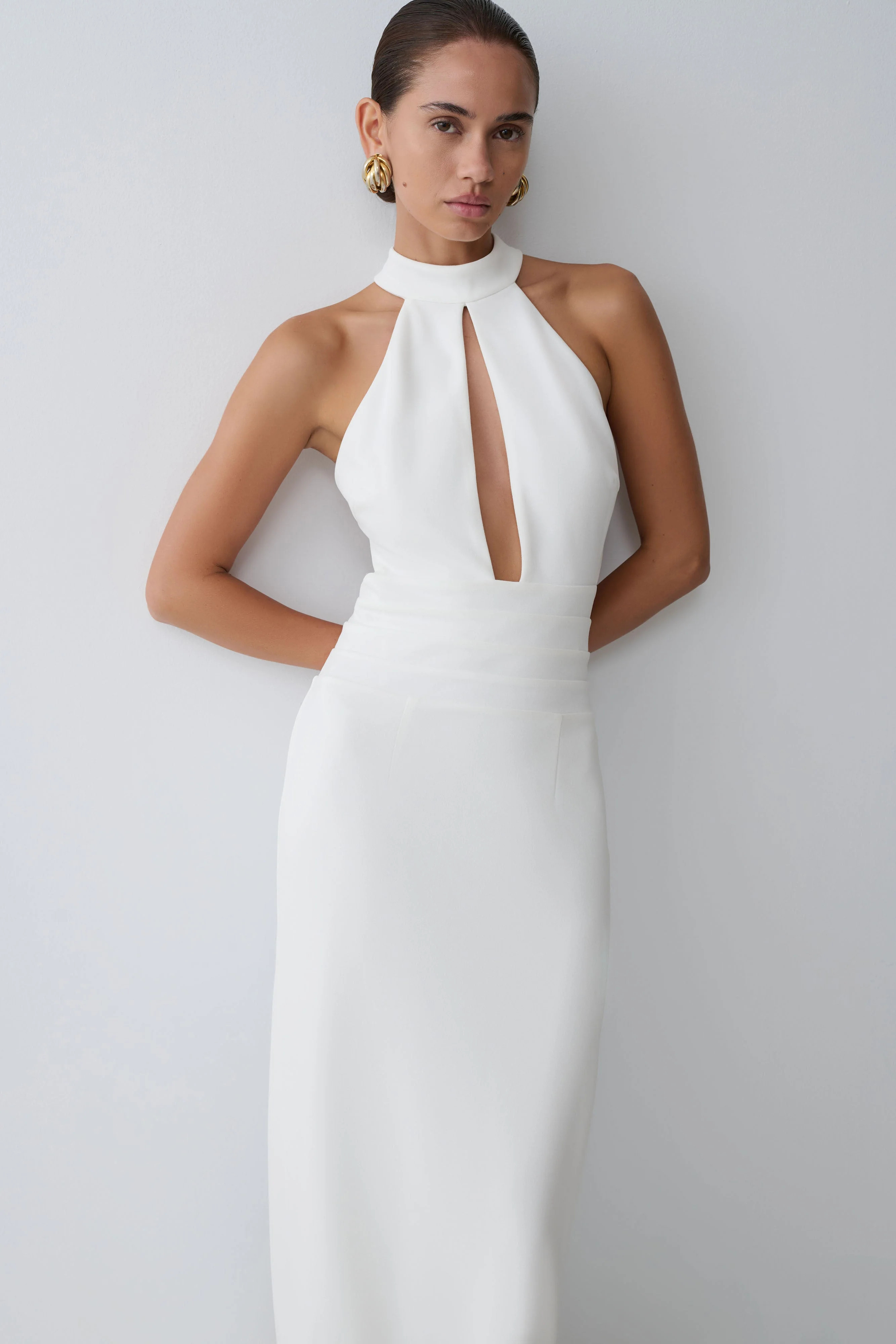 Elan Stretch Crepe Maxi Dress - White | Meshki UK