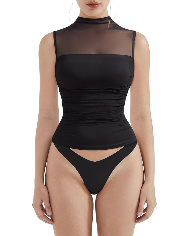 SUUKSESS Women Sexy Mesh Sheer Crop Tank Tops Sleeveless Ruched Going Out Tops | Amazon (US)