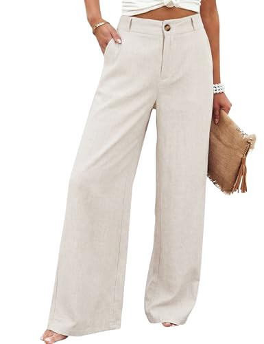Hooever Womens Cotton Linen Pants Casual Button Up High Waisted Wide Leg Trousers(Apricot-L) | Amazon (US)
