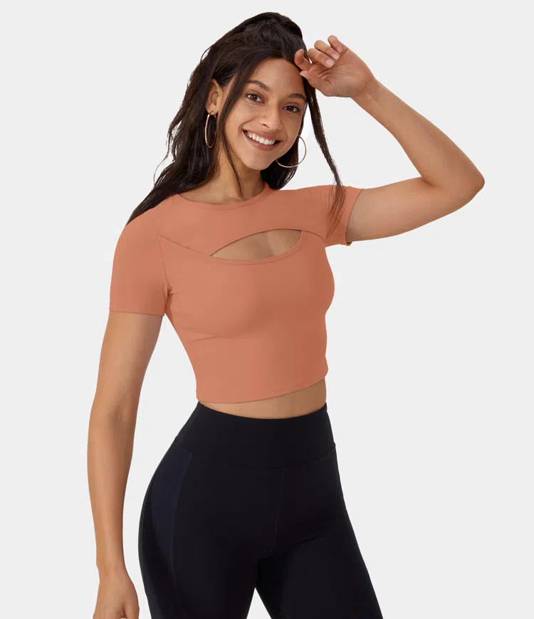 Women’s Softlyzero™ Plush Round Neck Cut Out Short Sleeve Cropped Barre Ballet Dance Sports T... | HALARA