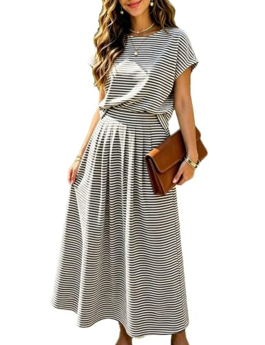 Zontroldy Casual 2 Piece Outfits Striped Cap Sleeve Skirt Sets for Women | Amazon (US)