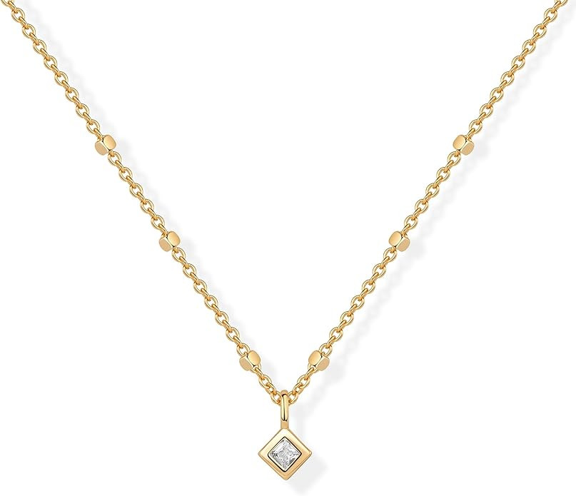 PAVOI 14K Gold Plated Dainty Tube Ball Square Beaded Chain Bezel Set Solitaire Pendant Necklace f... | Amazon (US)