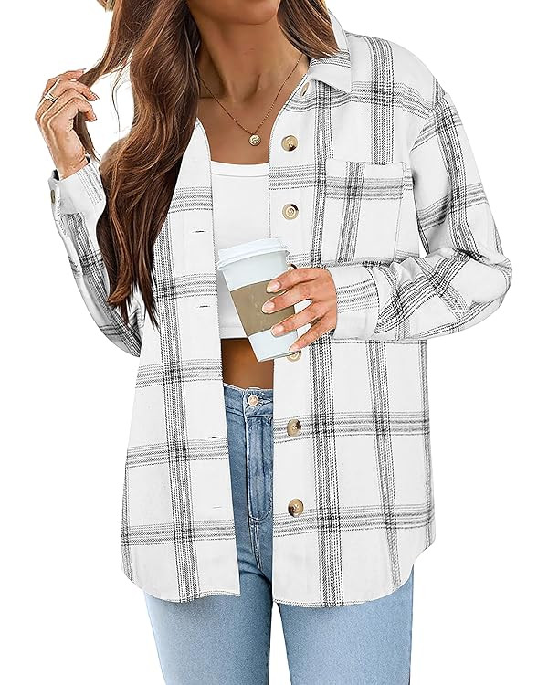 Zeagoo Women Flannel Shacket Jacket Plaid Button Down Long Sleeve Shirt Fall Outfits 2024 | Amazon (US)
