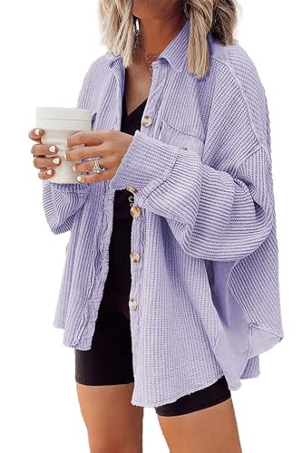 Nirovien Womens Waffle Knit Shacket Oversized Button Down Shirt Jacket Lightweight Spring Outfits Clothes(Light Purple,M) | Amazon (US)