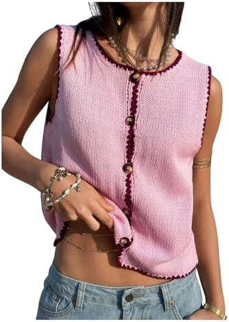 GORGLITTER Women's Button Up Cropped Sweater Vest Vintage Sleeveless Colorful Knit Cardigan Tops | Amazon (US)