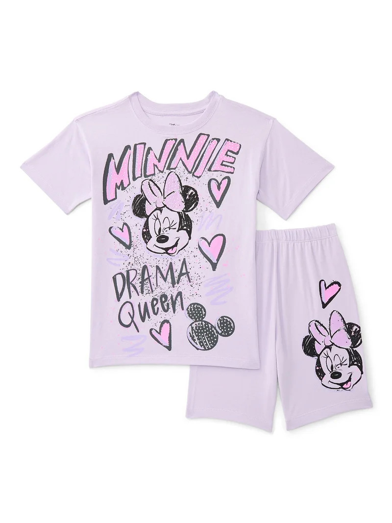 Minnie Mouse Girls Rhinestones Graffiti Graphic Boyfriend Tee with Rhinestones and Bike Shorts Se... | Walmart (US)