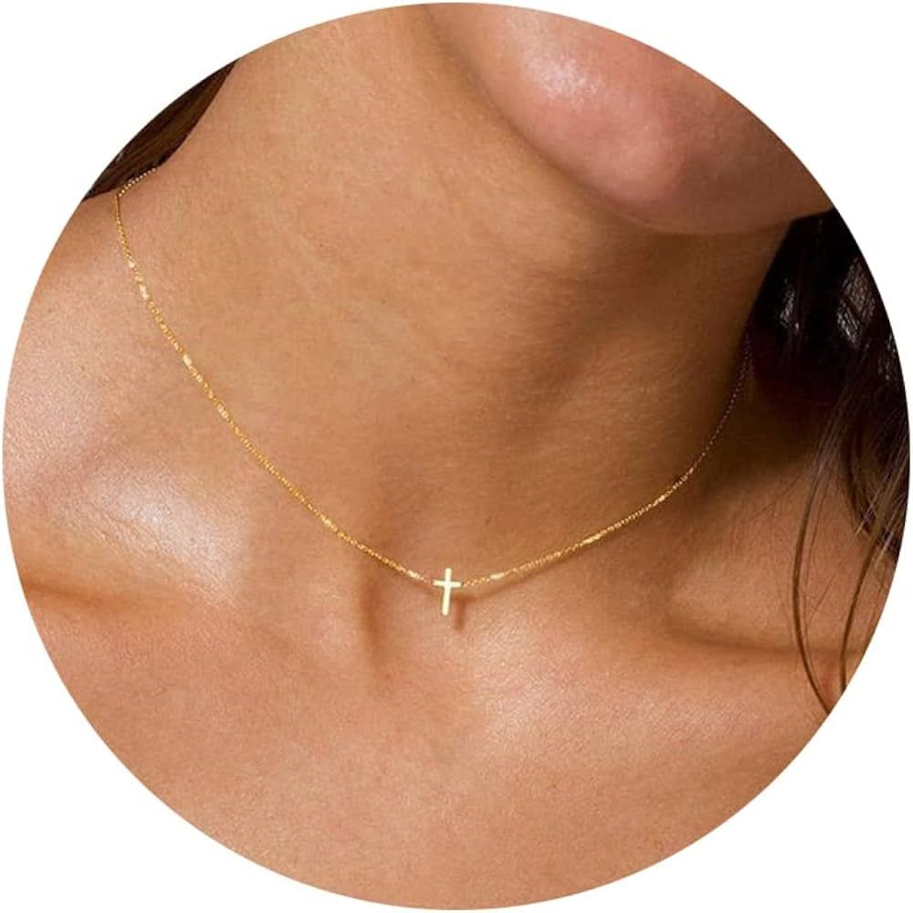KICKGY Cross Necklace for Women，Dainty Gold Necklace 14k Gold Plated Small Cross Pendant Choker... | Amazon (US)