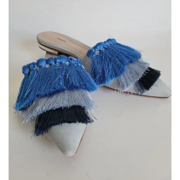 Schutz Blue Ombre fringe mules size 8.5 flats pointed toe Vacation Resort | Poshmark