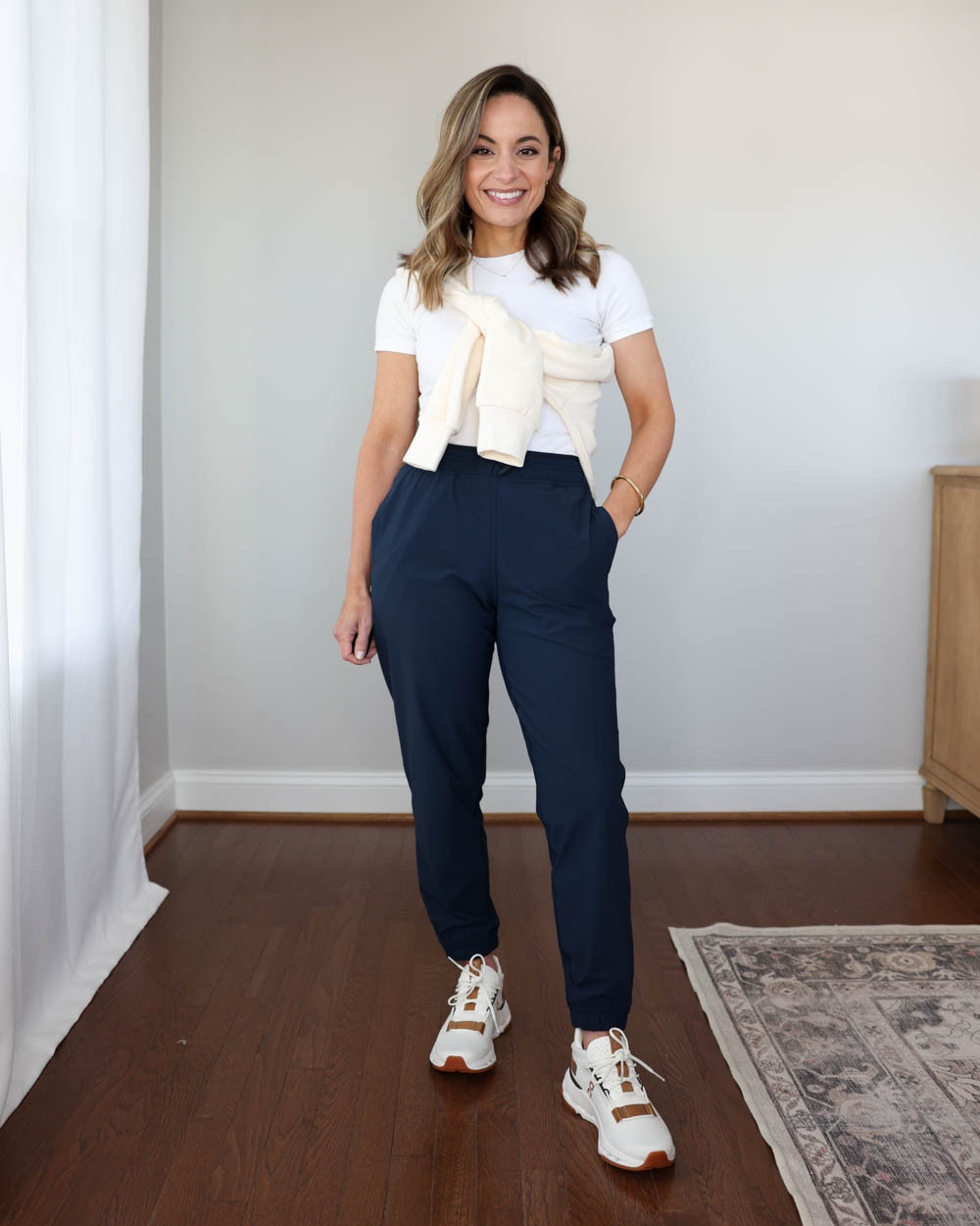 Petite navy high rise joggers styled casually three ways for Spring!

Joggers (Athleta): petite xxs - 25.5” inseam

Outfit 1:
White t-shirt (Quince): xs
Sweatshirt (Athleta): xxs
On sneakers: true to size

Outfit 2:
Tank top (J.Crew Factory): xxs
 Jacket (Quince): xs
Gola sneakers: true to size

Outfit 3:
Denim top (Walmart): xs 
On sneakers: true to size

My measurements for reference: I’m 4’10” and 105lbs. My bust, waist, and hip measurement is 32”, 24”, and 36”.

#LTKPetite #LTKfitnessgoals #LTKSeasonal
