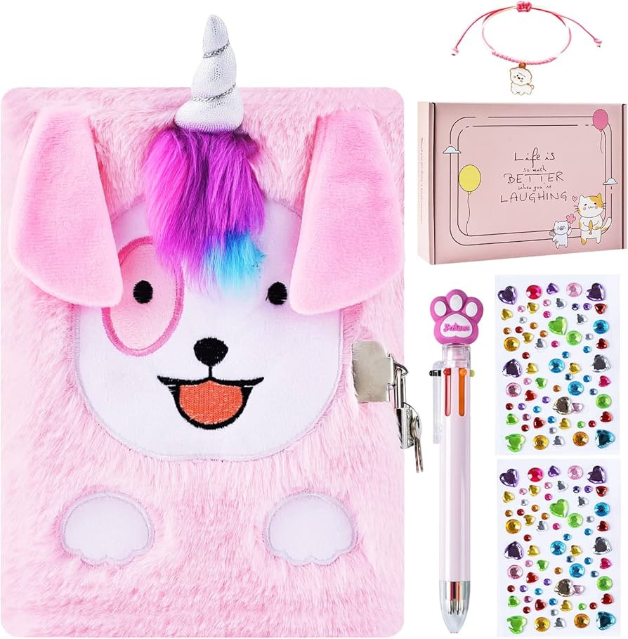 Dogicorn Diary for Girls with Lock and Keys, Kids Journal Travel Notebook for Writing, Cute Secret Diary with Multicolored Pen, Stickers, Bracelet, Practical Gift for Birthday, Christmas (D Unicorn | Amazon (US)