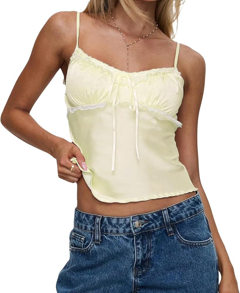 Womens Sexy Lace Stretchy Spaghetti Strap Camisole Slim Fit Tank Top Y2k Going Out Corset Sleevel... | Amazon (US)