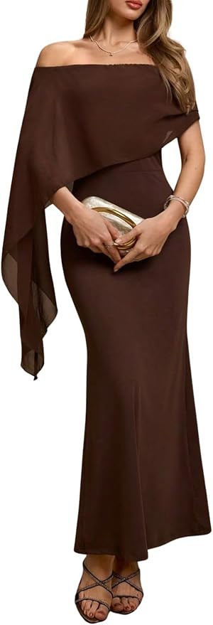 Verdusa Women's Fall Wedding Guest Dresses Off Shoulder Formal Elgant Dress | Chiffon Cape Cockta... | Amazon (US)