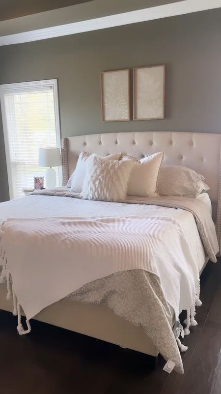 Home decor for our Master bedroom ✨ 

Primary bedroom. Amazon home finds, tufted headboard, king size pillows, boho throw pillows with Pom poms, Walmart comforter, nectar king size mattress, white lamps, ikea vanity table, and white throw blanket. 

#LTKhome #LTKSeasonal #LTKFind