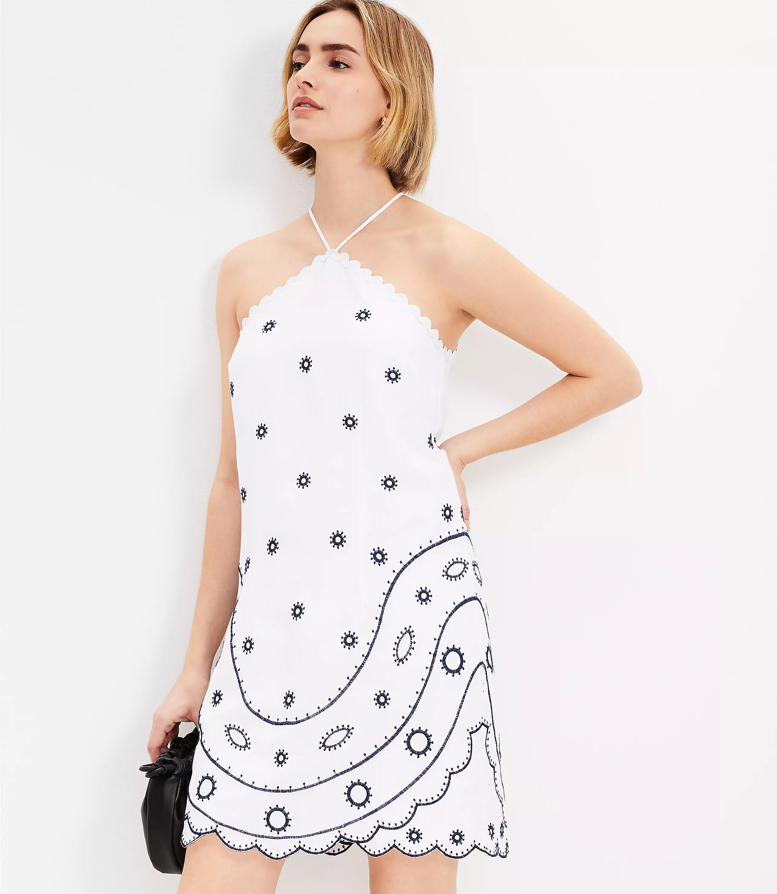 Embroidered Linen Blend Mini Halter Dress | LOFT