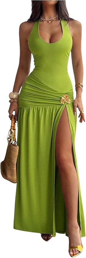 RoseSeek Women's Summer Halter Dress Metal Decor High Slit Ruched Bodycon Maxi Dress Vacation Bea... | Amazon (US)