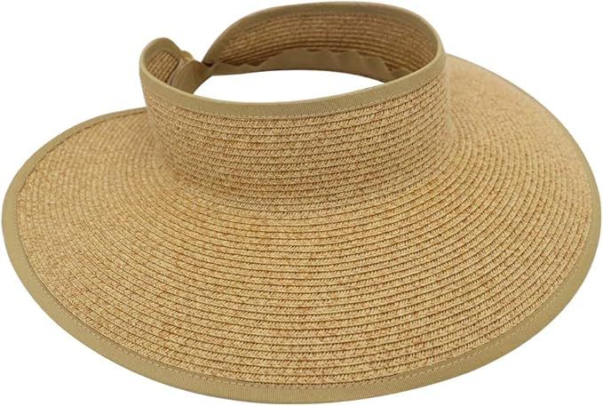 Krono Krown Women's Wide Brim Roll up Visor Packable Summer Sun Beach Hat - Paper Straw, Adjustab... | Amazon (US)