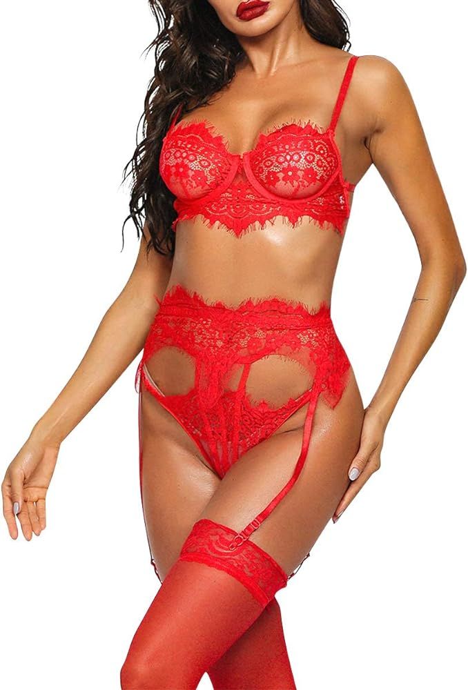 Women Embroidered Lingerie Set with Garter Belts Sexy Bra and Panty Hourglass Lingerie Sets | Amazon (US)