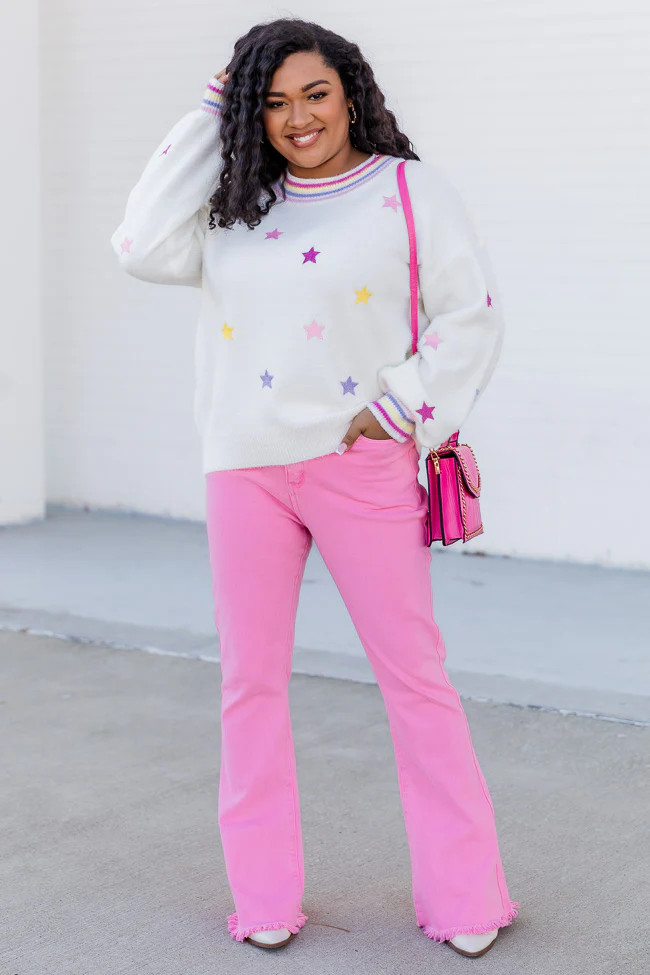 Living A Dream Ivory Fuzzy Multicolor Star Sweater | Pink Lily