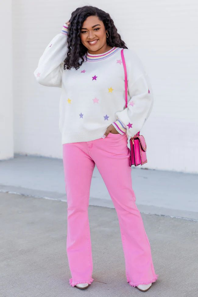 Living A Dream Ivory Fuzzy Multicolor Star Sweater | Pink Lily