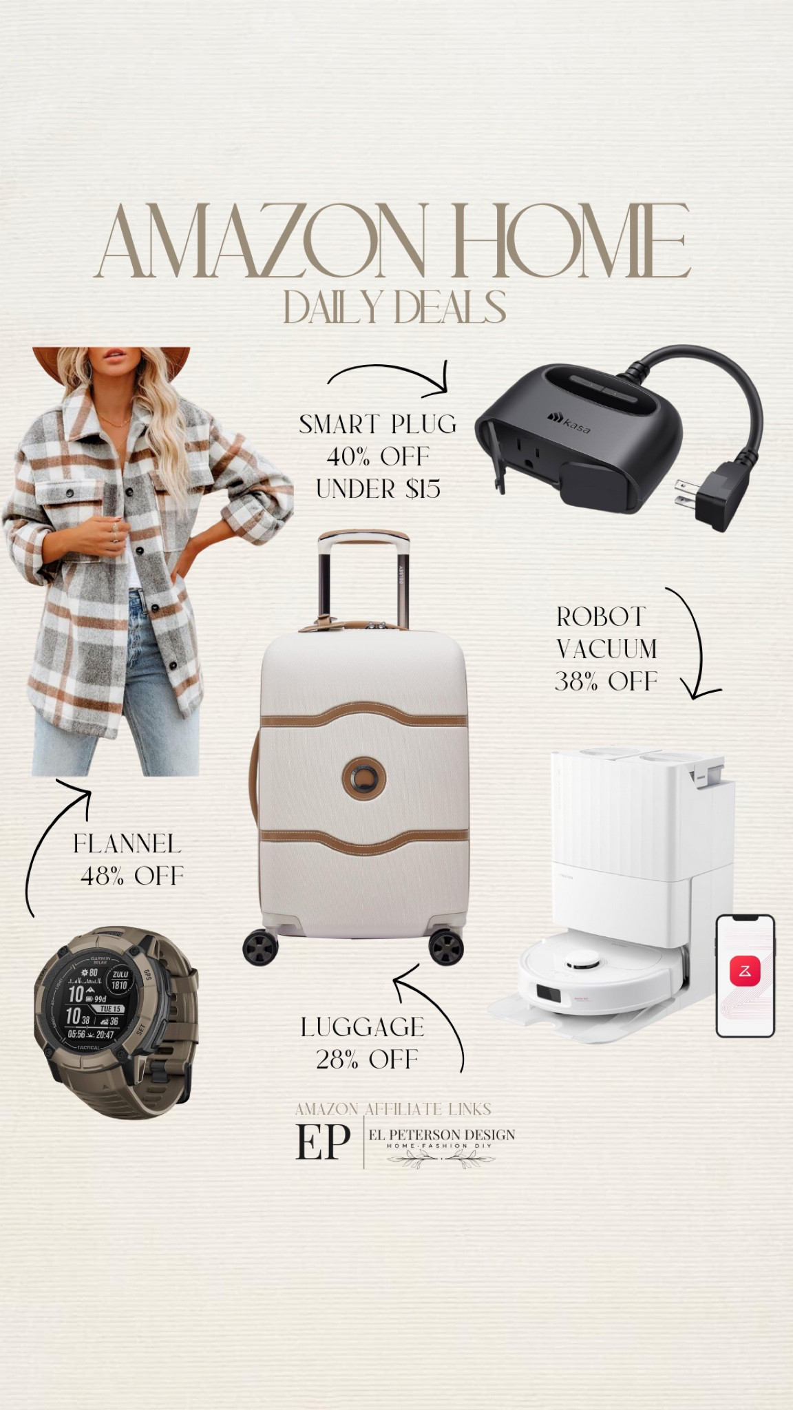 Amazon daily deals
Flannel
Suitcase 
Watch
Robot vacuum 
Smart plug 


#LTKHome #LTKSaleAlert