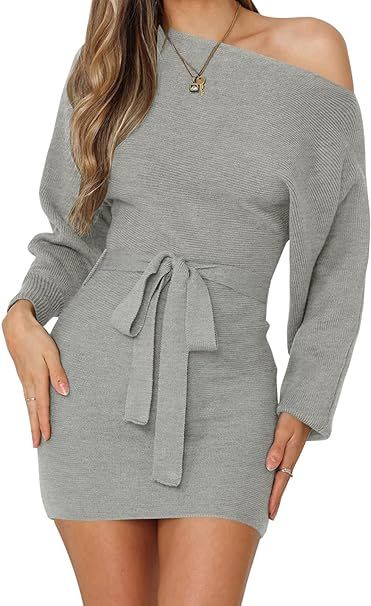 MUXERI Women's Casual Long Sleeve Off Shoulder Solid Color Ribbed Knit Tie Waist Bodycon Pullover... | Amazon (US)