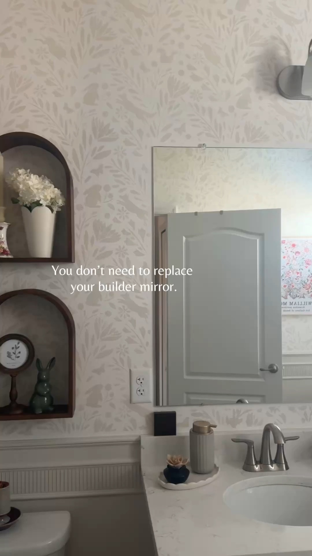 If you have a basic builder-grade bathroom mirror, you don’t need to replace it. I used peel-and-stick trim to create a simple frame right on the existing mirror — no power tools and no removing the mirror from the wall.

This is an easy, budget-friendly bathroom update, and I love how much more finished the mirror looks.

Big tip: use a T-square to cut at a 45 in the corners so your corners match up perfectly! 

🚨If your mirror in loose when you take off the clips along the top, put construction adhesive along the top and stick it to the wall to be safe!

#LTKHome