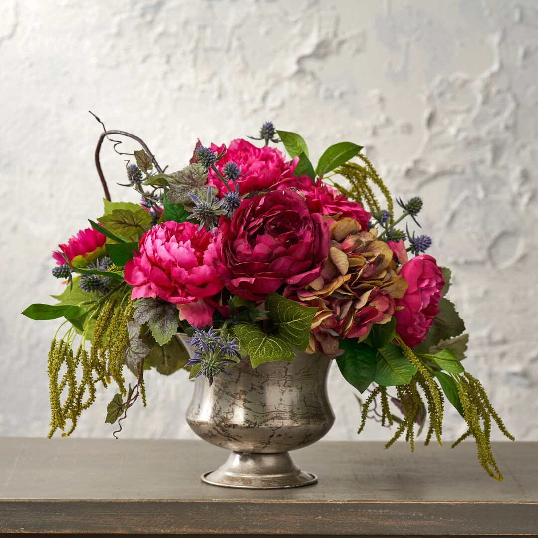In Full Bloom - Magenta Garden of Peony, Hydrangea & Zinnia Spring Summer Floral Arrangement in A... | Etsy (US)