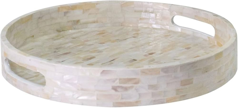 PEMAR 12.6” Round Mother of Pearl Serving Tray, Round Coffee Table Tray w Insert Handles, Nacre... | Amazon (US)