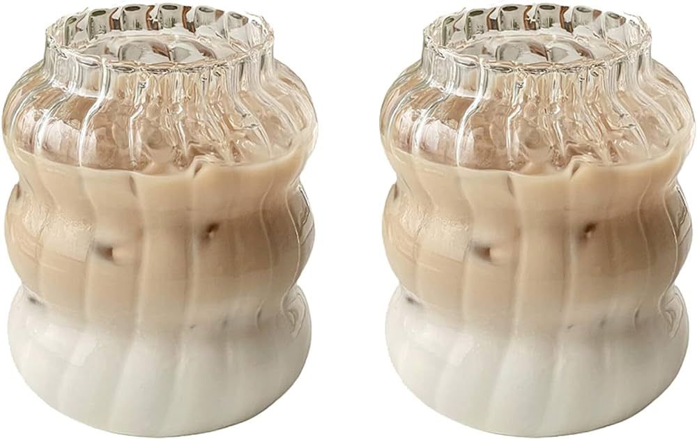 MANMAOHE 22 Oz Ribbed Glass Cups Set of 2 Creative Wavy Drinking Glasses Vintage Ribbed Glassware... | Amazon (US)