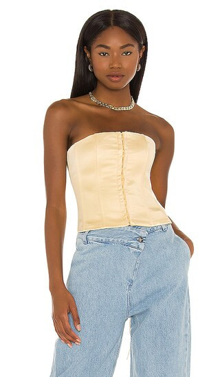 GUIZIO Satin Lace Up Corset in Cream in Yellow. - size L | Revolve Clothing (Global)