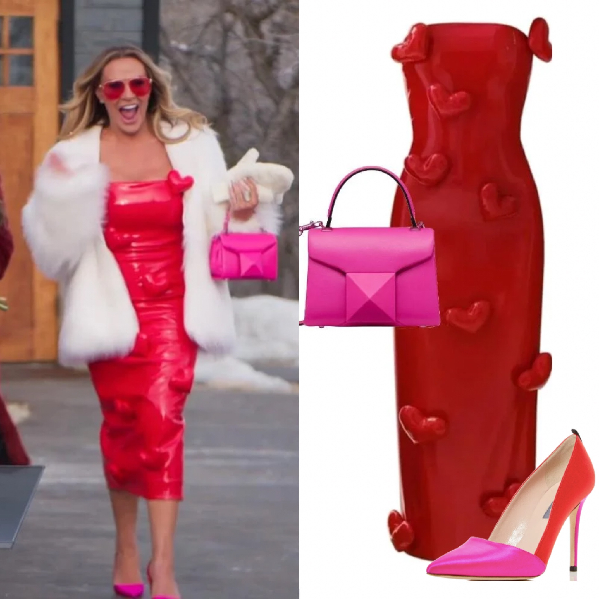 Heather Gay’s Red Latex Heart Dress, Pink Purse and Heels 