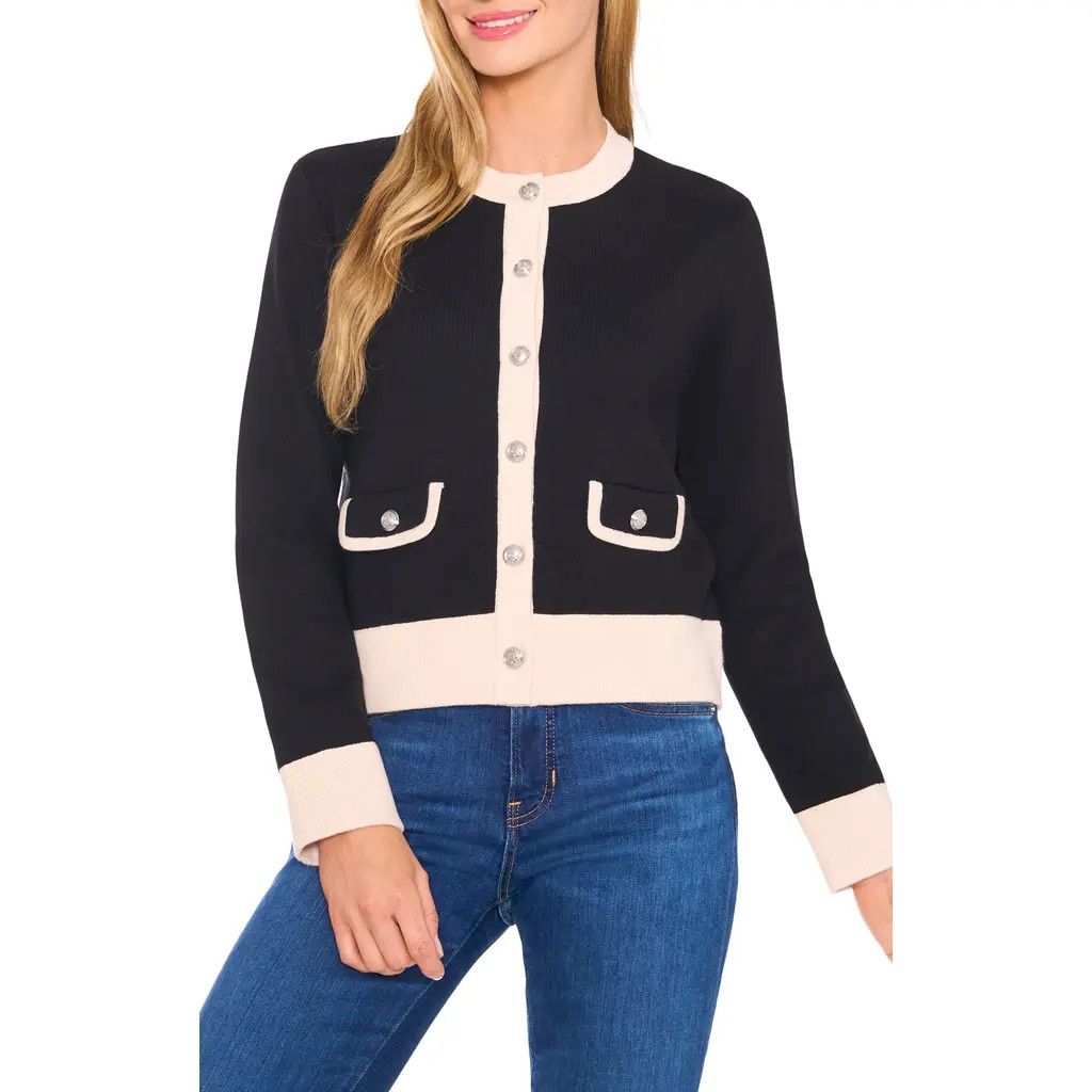 CeCe Colorblock Cardigan in Rich Black at Nordstrom Rack, Size Large | Nordstrom Rack