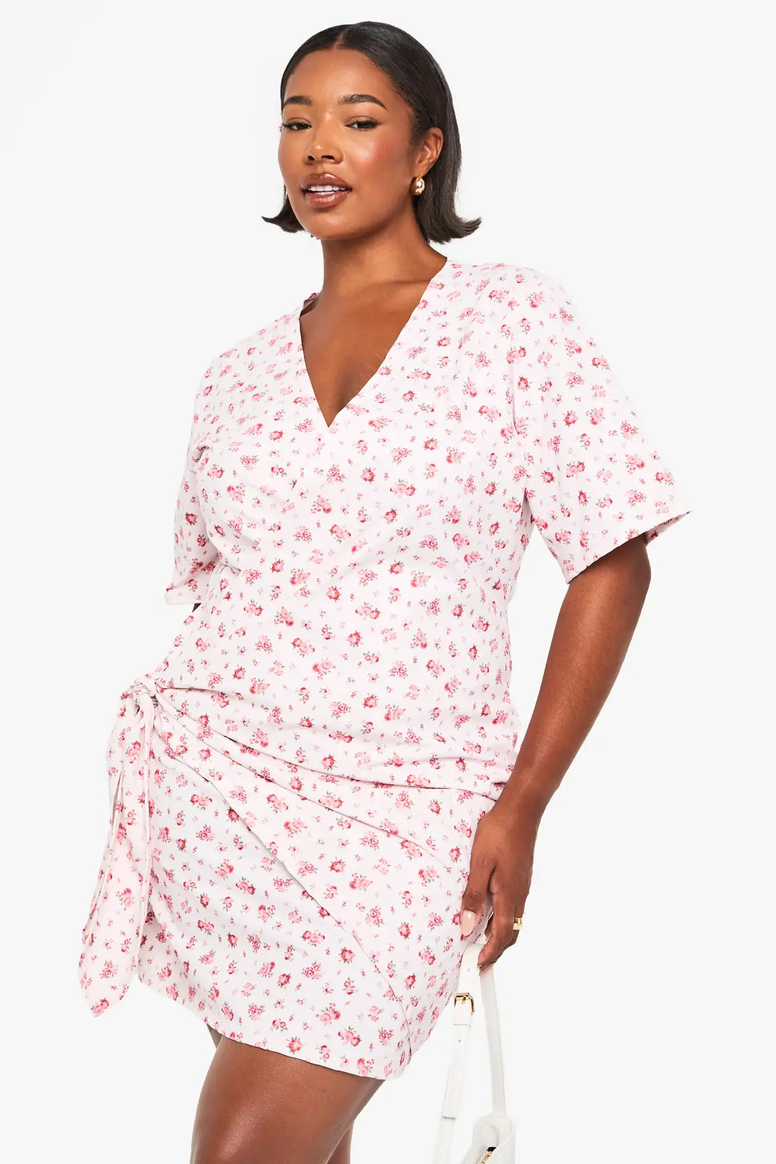 Pink plus ditsy drop waist wrap dress | Boohoo USA | boohoo (US & Canada)