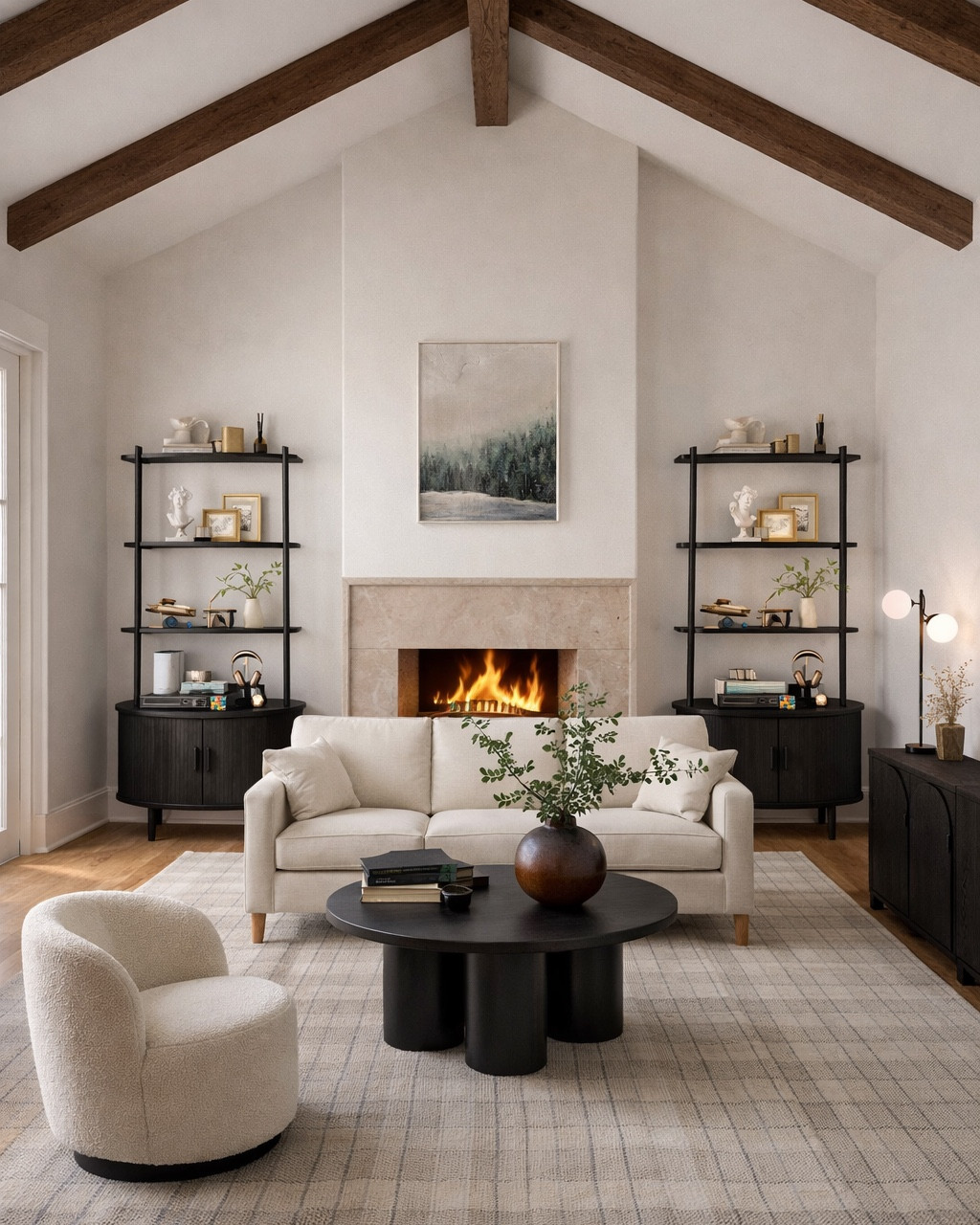 @Wayfair living room! Neutral affordable sofa, black coffee table, black bookshelves and black credenza. #homedecor #livingroom 

#LTKHome 

#LTKSeasonal