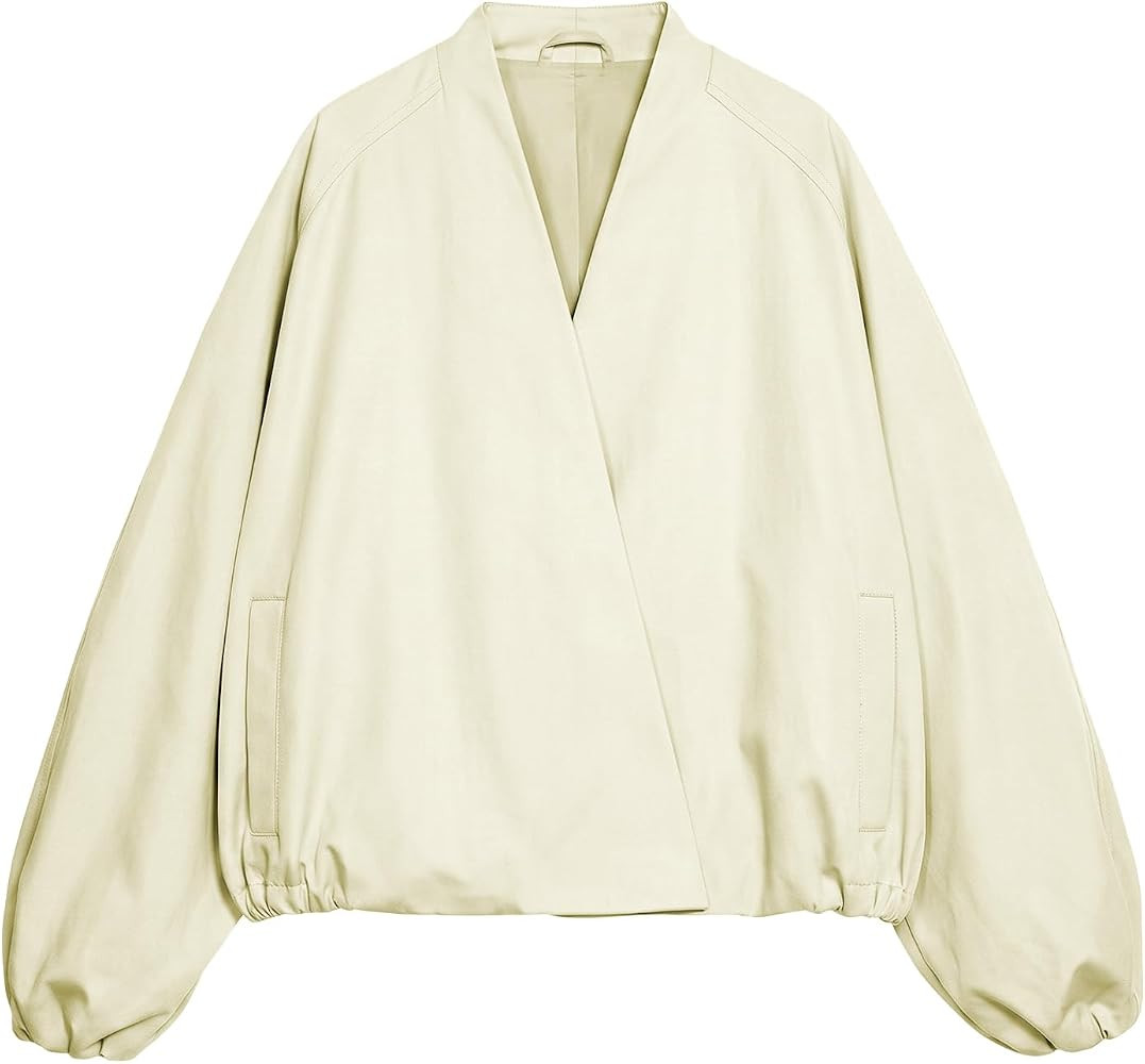 Womens Oversized Bomber Jackets Puff Sleeve V-Neck Top Elegant Jacket | Amazon (US)